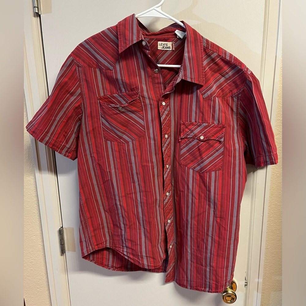 Levi’s Jeans Men’s Pearl Snap Button Down Shirt Red Blue Stripes Size Large